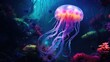 A jellyfish floating in the ocean surrounded by coral. Generative AI.
