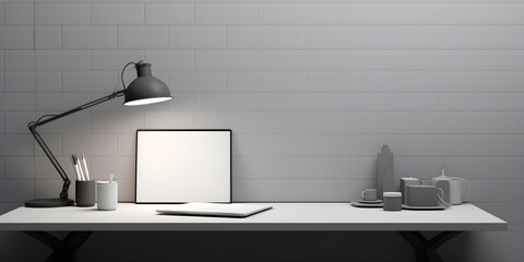 Wall Mural - Work station with accessories and desk with lamp on the wall, in the style of minimalist background