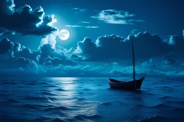 Wall Mural - Boat drifting away in middle ocean after storm without course moonlight sky night skyline clouds background