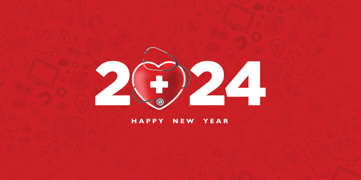 Red heard a medical sign with Stethoscope 2024 on a red background, Happy New Year for health care, Insurance, Wellness and medical concept. Celebrate the new year with Doctors, Nurses & Medical Staff
