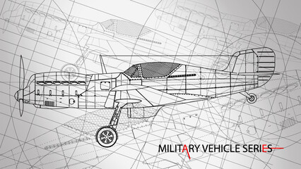 Line art sketch wallpaper of military vehicle series. Drafting art. Lines Drawing against white background. Classic jet fighter model.