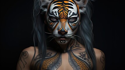 Wall Mural - woman tiger face tiger background wallpaper ai generated