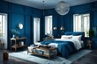 Create a serene 3D simple room in Aquamarine Blue and Argentina Blue, bathed in the gentle glow of Astros Navy.