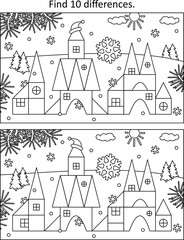 Wall Mural - Ice palace or toy town in winter difference game and coloring page. Black and white, printable.
