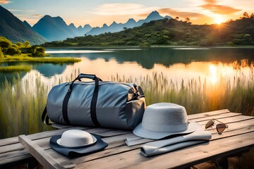 Wall Mural - gray duffel bag, complete with hat and glasses with beautiful nature view, and sunset, Travel concept