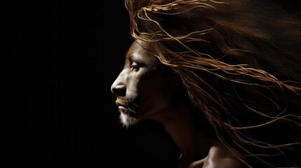 Wall Mural - A woman with long hair and a lion head. Generative AI.