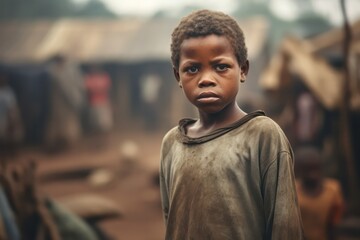 A homeless and poverty black child sits and asks for food, the problem of hunger,poverty.