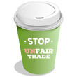 Digital png illustration of green cup with stop unfair trade text on transparent background