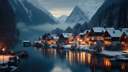 Wall Mural - A town is lit up by snow in the evening.