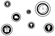 Digital png illustration of clock, house, map pin and shapes in circles on transparent background