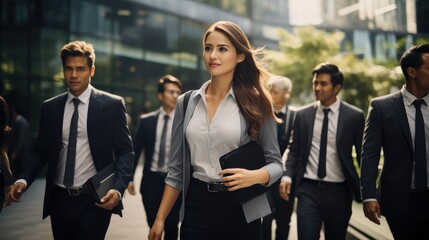 Canvas Print - Group of business people walking together outdoors.