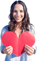 Canvas Print - Digital png photo of happy caucasian woman holding red paper heart on transparent background