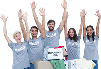 Poster - Digital png photo of happy diverse male and female volunteers raising arms on transparent background