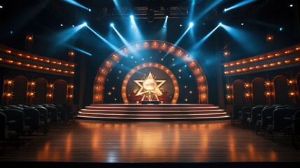 Poster - A stage of a tv talent show of jokes and comedy.