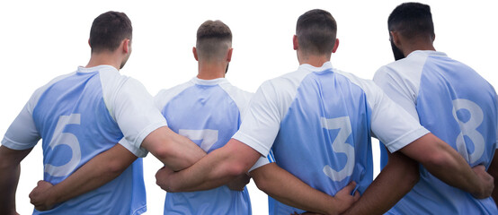 Wall Mural - Digital png photo of diverse soccer players embracing on transparent background