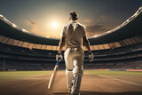Fototapeta Sport - Cricket player walking into a cricket stadium dramatically.