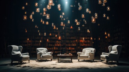 Wall Mural - An empty stage with many chairs around it and a number of books on it.