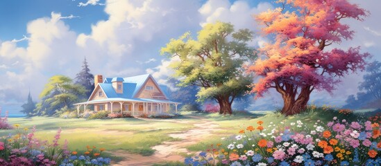 Sticker - In a breathtaking summer landscape, amidst the vibrant green grass and colorful flowers, a charming house nestled under the shade of a grand tree, complementing the beauty of nature. The sky above