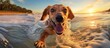 As the summer sun beamed down on the tropical beach, a cute dog bounded through the sparkling waves, running with pure joy and splashing water everywhere, enjoying the freedom of nature in the embrace