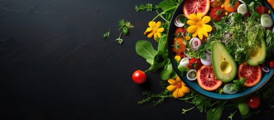 Wall Mural - From a top view, a vibrant green salad made with organic vegetables and natural ingredients is a summer delight, blending the essence of nature, health, and nutrition into a gourmet cuisine that