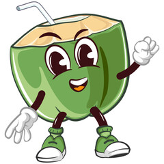 Wall Mural - coconut drink character mascot with a straw with a cute healthy face doing stretching, isolated cartoon vector illustration. emoticon, cute coconut mascot