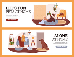 Wall Mural - Horizontal banners with cute pets at home, template in cartoon vector