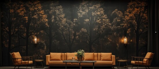 Wall Mural - vintage forest, a black wood wall stood tall, blending with the background of trees and foliage, its pattern and texture reminiscent of natures timeless beauty. Amidst the tranquility, a fire crackled