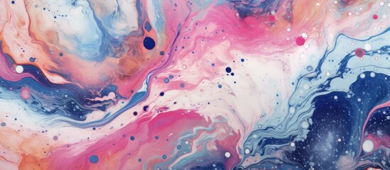 Sticker - The abstract watercolor art piece showcases a creative design with a background of blue marble texture, incorporating vibrant splashes of pink and a mix of oil paints for an eye-catching pattern.