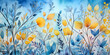 Gold flowers, delicate blue leaves art. Navy, yellow floral illustration of full frame multicolored background for winter, summer, or spring field. Ornamental garland plants in wildflower garden