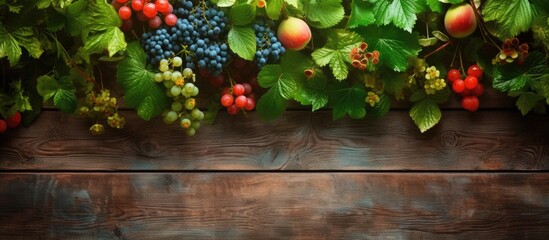 Poster - In the background, a vintage wood wall with a retro patterned texture brings a nostalgic touch to the summer scene, adorned with vibrant green leaves, a cascade of fruits, and natures youthful energy