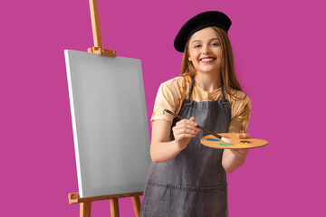 Wall Mural - Female artist with paint palette and easel on purple background