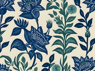 Wall Mural - flowers, blues, greens, seamless repeating pattern, wallpaper, illustrated, simple, decorative  ai generative