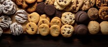 From A Top View, A Delectable Spread Of Homemade Sweets And Pastries Adorned The Baking Sheet Mouthwatering Chocolate Chip Cookies, Irresistible Pastries, And Other Baked Treats, Each A Testament To