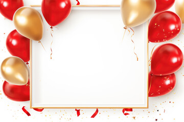 Wall Mural - Golden frame with red and gold balloons with sparkles on white background. Copy space for your text