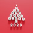 Christmas Tree Symbol made by White Computer keys cap on Red color background. Minimal Happy new years idea concept flat lay. 3D Rendering
