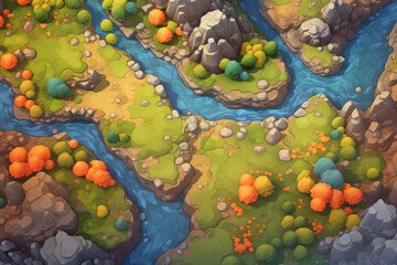 Sticker - Top-down, illustrated asset of a colorful valley, game background setting, material texture