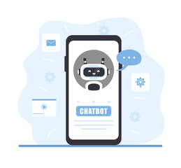 Wall Mural - robot chatbot on smartphone screen. ai business assistant. online customer support and faq. artifici