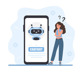Wall Mural - chatbot concept. woman talking with robot. ai assistant. girl asking questions and receiving answers
