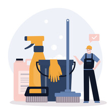 Cheerful Cleaning Man With Mop And Bucket. Male Janitor Cartoon Character. Staff Dressed In Uniform. Worker Man Of Cleaning Service. Cleaning Tools And Detergent.