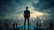 © NiK0StudeO - businessman leadership, standing on skyscraper progressive future startup.