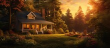 As The Sun Sets Over The Vintage House Nestled In The Woods, A Couple Enjoys A Romantic Summer Vacation Surrounded By Nature's Lush Green Forest. They Wake Up To The Soothing Sounds Of A Sunrise In