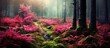 enchanting autumn forest, amidst the lush green grass and moss-covered soil, a vibrant pink plant stands tall, a testament to the bountiful harvest of organic food nurtured by the natural background