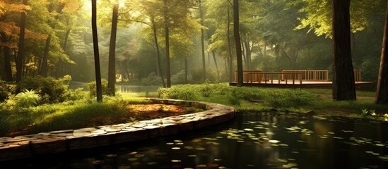 Sticker - tranquil spa, nestled amidst a lush forest, a sunbeam streams through the leaves, illuminating the serene water reflecting the vibrant colors of summer and the refreshing essence of nature and health