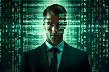 abstract binary code businessman background