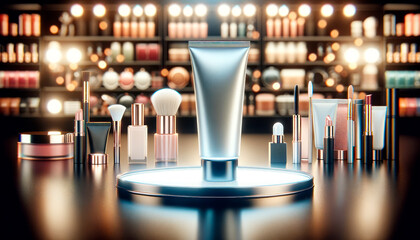 Center stage cosmetic tube on a lit podium, surrounded by an array of makeup products. Generative AI