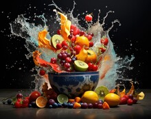  A Blue And White Bowl Filled With Lots Of Fruit And Splashing Water On Top Of It's Surface.