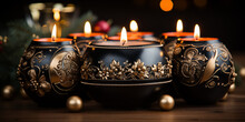 Kerzen mit Flammen zu Weihnachten als Adventskranz in gold und schwarz mit wunderschöner Dekoration im Querformat als Banner, ai generativ