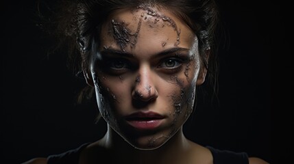 Sticker -  a close up of a woman's face with mud all over her face and face paint all over her face.