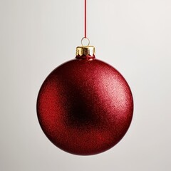 Poster -  a red christmas ornament hanging from a red string on a white background with a red cord hanging from the top of the ornament.