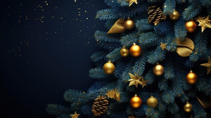 Poster -  a blue christmas tree with gold ornaments and a star on the top of it, against a dark blue background.